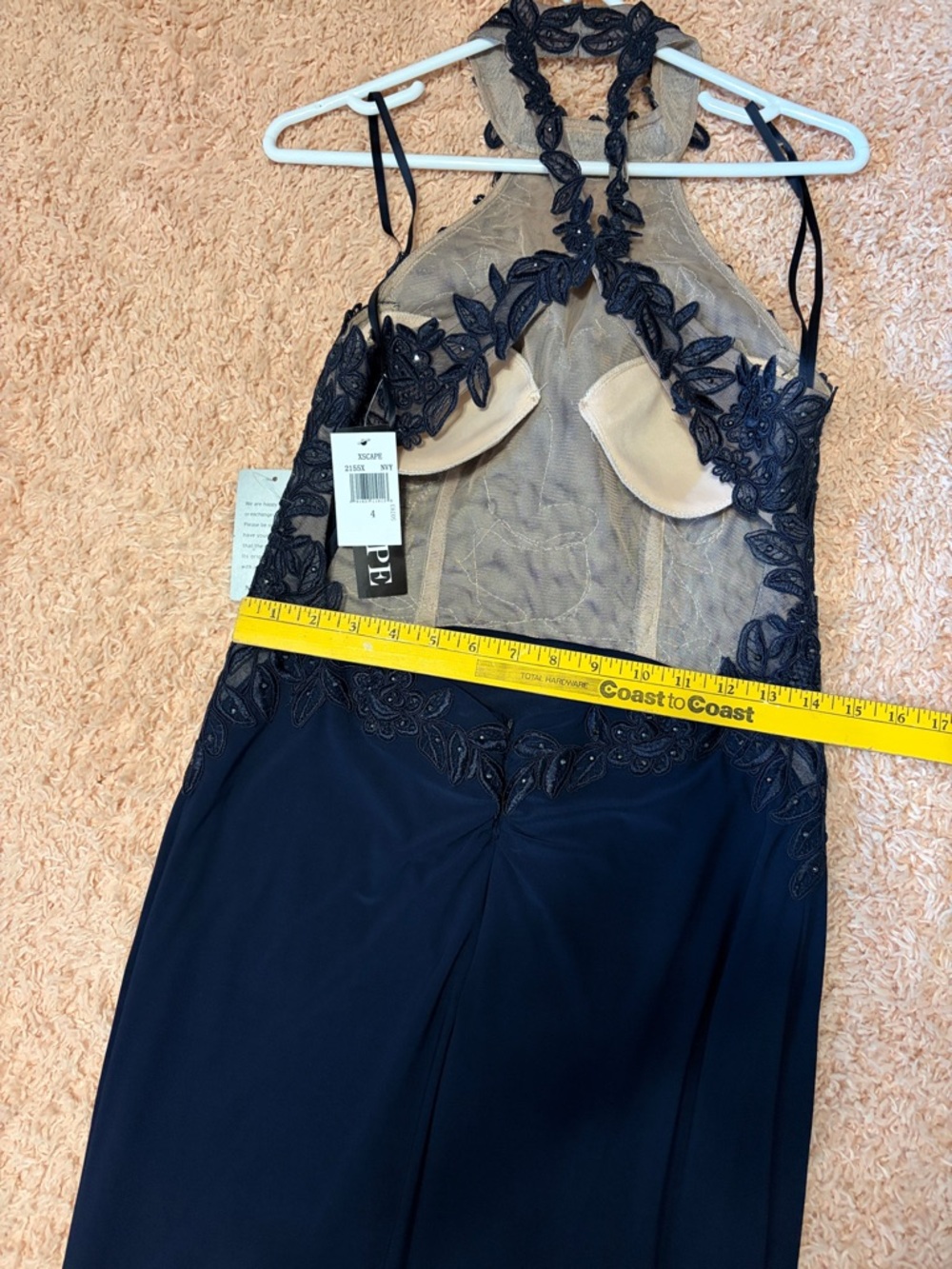 XSCAPE navy halter open back full length lace appliqué beaded prom evening gown - Picture 8 of 17